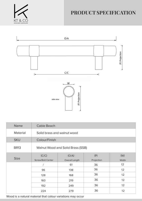 kitchen drawer handles walnut wood solid brass Cable Beach - Image 2